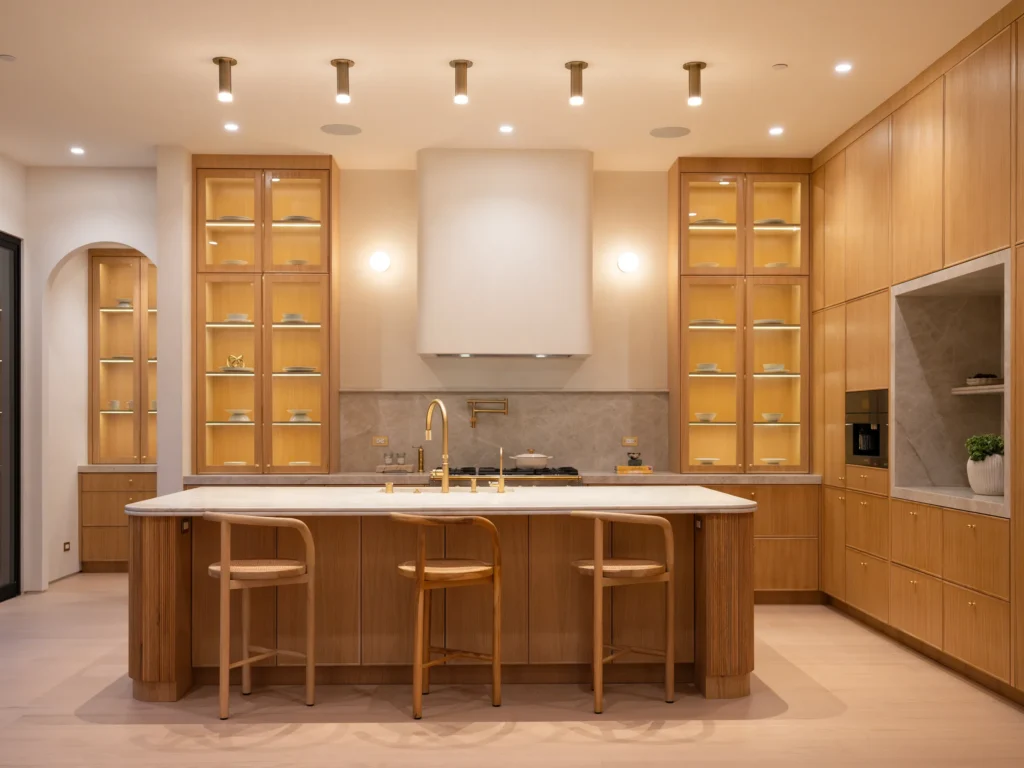 Warm wood custom kitchen with a fluted island and lit glass-front cabinets by Home Deco