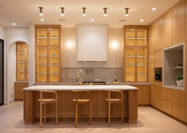 Kitchen with fluted island and lit glass-front cabinets, Dickens Project by Home Deco