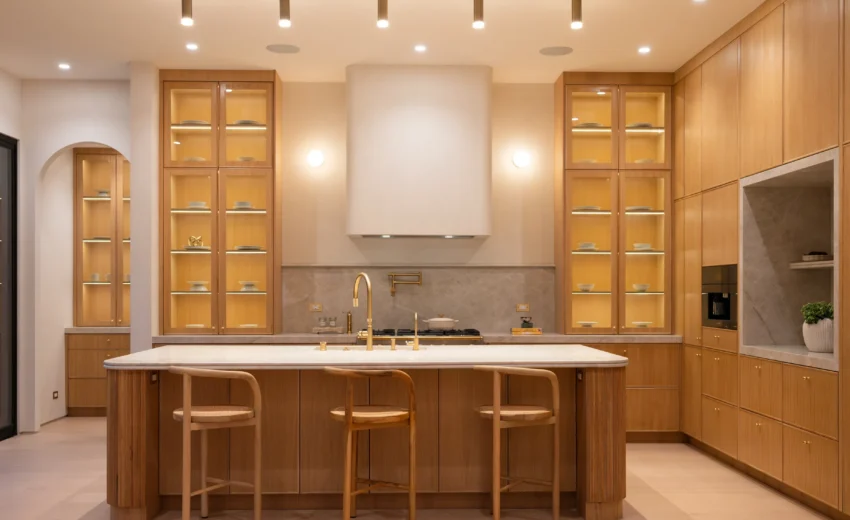 Kitchen with fluted island and lit glass-front cabinets, Dickens Project by Home Deco