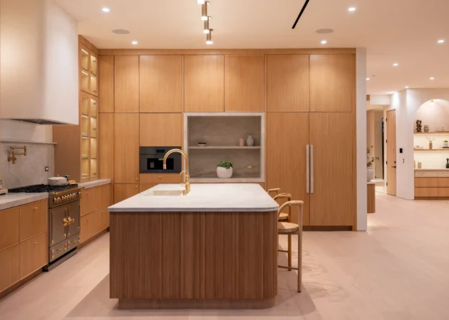 Kitchen island and full-height wood cabinet wall, Dickens Project by Home Deco