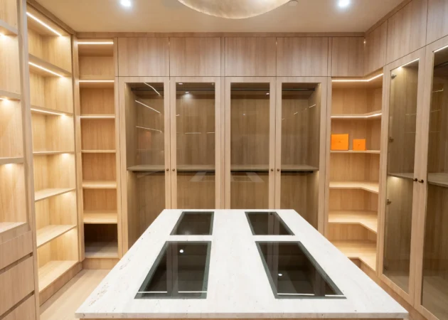 Walk-in closet with lit shelving and center island, Dickens Project by Home Deco