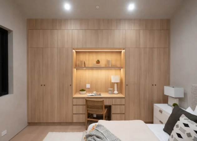 Bedroom cabinet wall with lit desk niche, Dickens Project by Home Deco