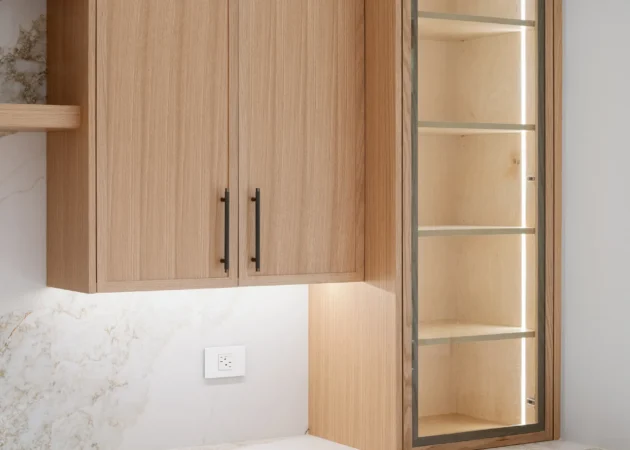 Upper cabinets with a lit glass-front column, Lynngrove Project by Home Deco