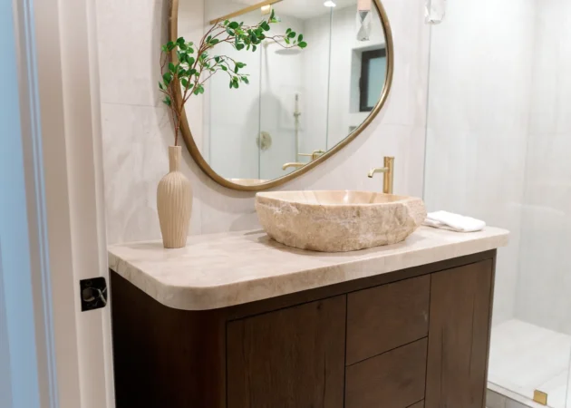Dark wood vanity with vessel sink, Wilson Project by Home Deco